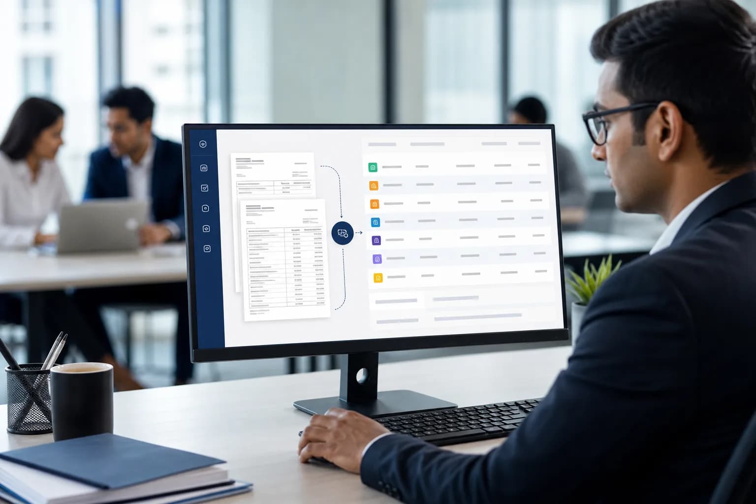 Accountant reviewing AI-extracted bank statement transactions on a dashboard